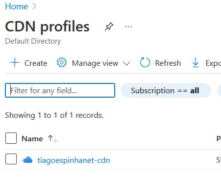 Image showing Azure's CDN profiles page.
