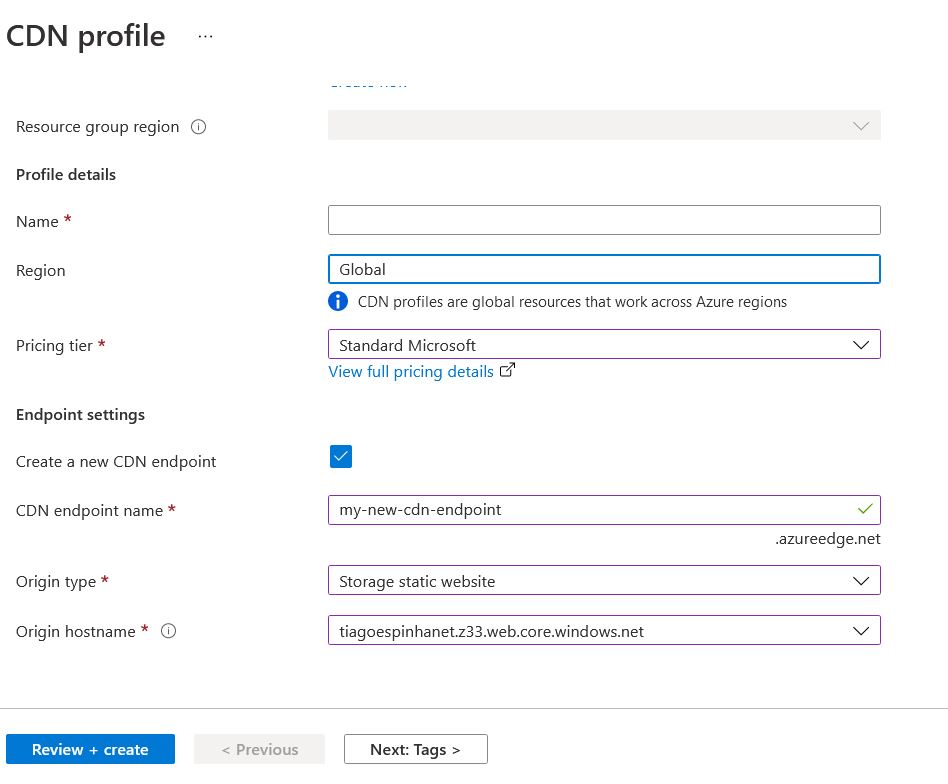Image showing Azure's CDN new profile page.