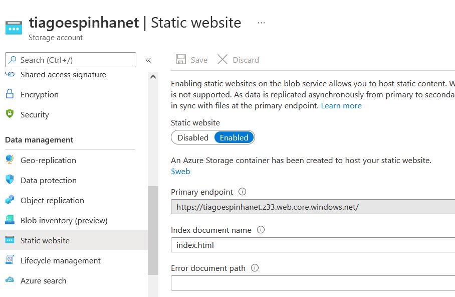 Image showing Static Website enabled on Azure